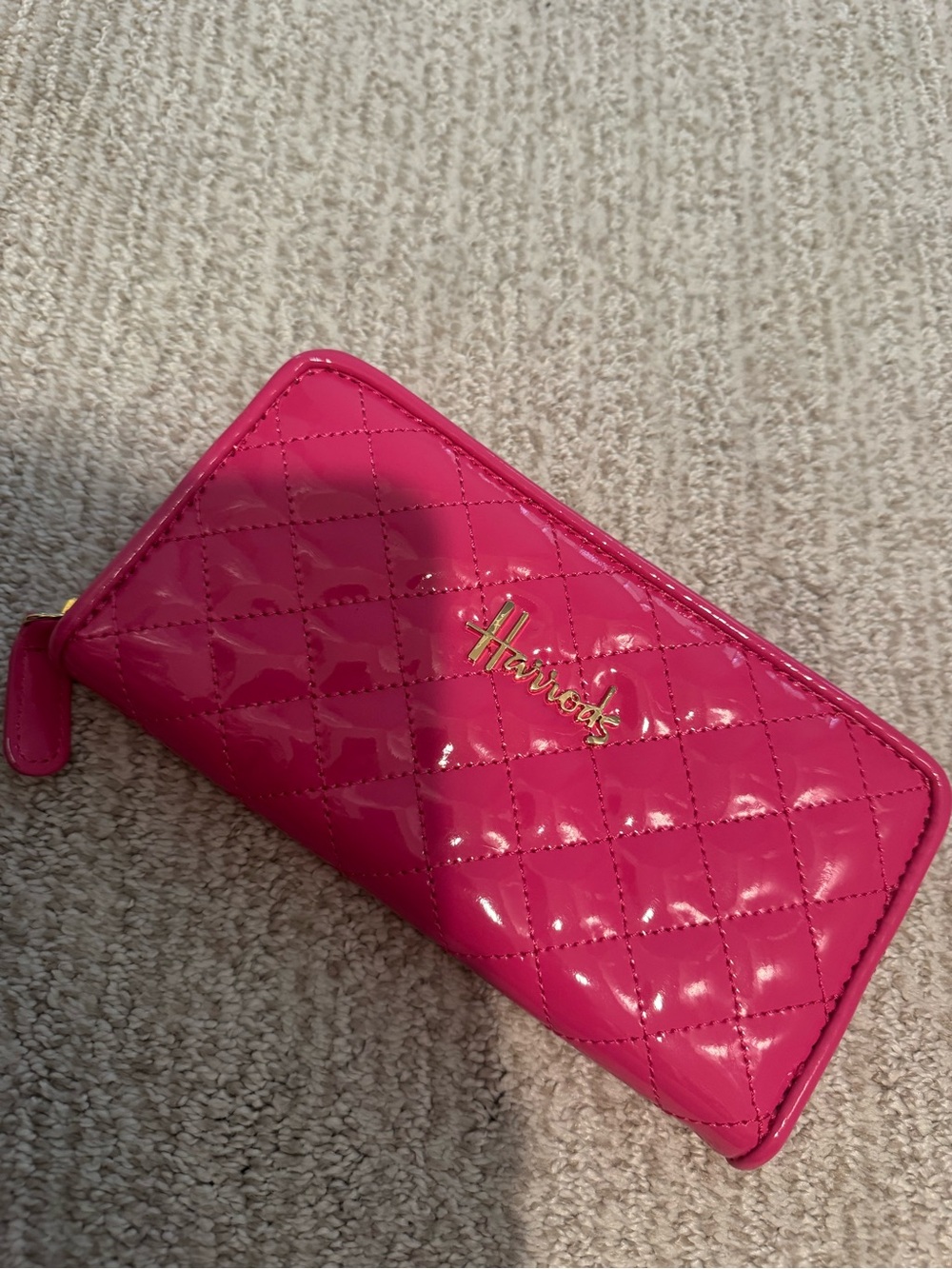Harrods London Hot Pink Quilted Patent Zip-Around Wallet